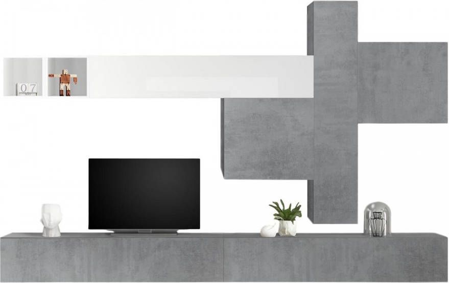 Pesaro Mobilia TV-wandmeubel Tyrion in hoogglans wit met grijs beton