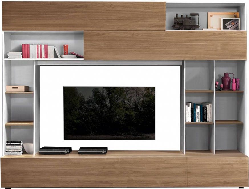 Pesaro Mobilia Tv-wandmeubel Tiko 277 cm breed in wit met stelvio walnoot