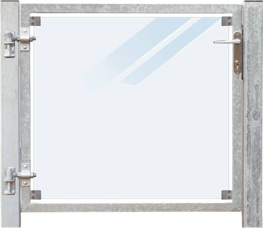 Trendyard Glazen Tuinpoort Gehard Gelaagd Mat Glas 99 x 91 CM + 16 CM Stalen Palen Voor In Beton Links Opgehangen