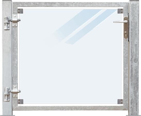 Trendyard Glazen Tuinpoort Gehard Gelaagd Mat Glas 99 x 91 CM + 16 CM Stalen Palen Met Voetplaat Links Opgehangen