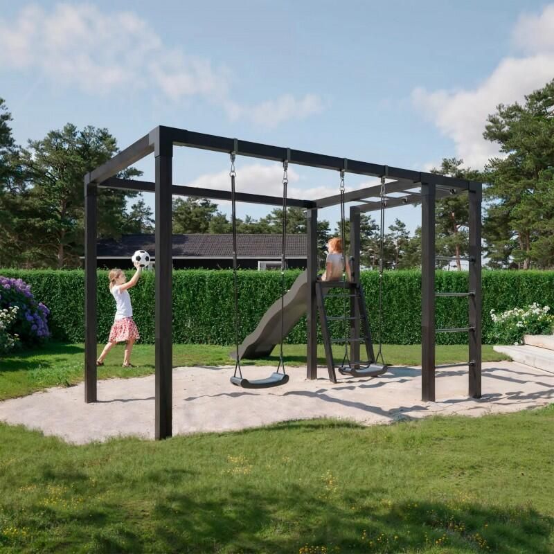 Trendyard Zwart Houten Pergola 340 x 198 CM Met Dubbele Schommel en Glijbaan