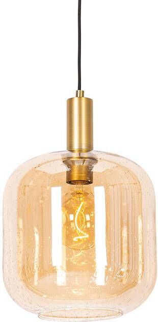 QAZQA Design Hanglamp Zwart Met Messing En Amber Glas Zuzanna
