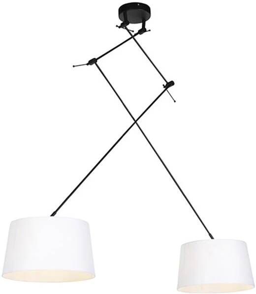 QAZQA Hanglamp Zwart Met Linnen Kappen Wit 35 Cm 2-lichts Blitz