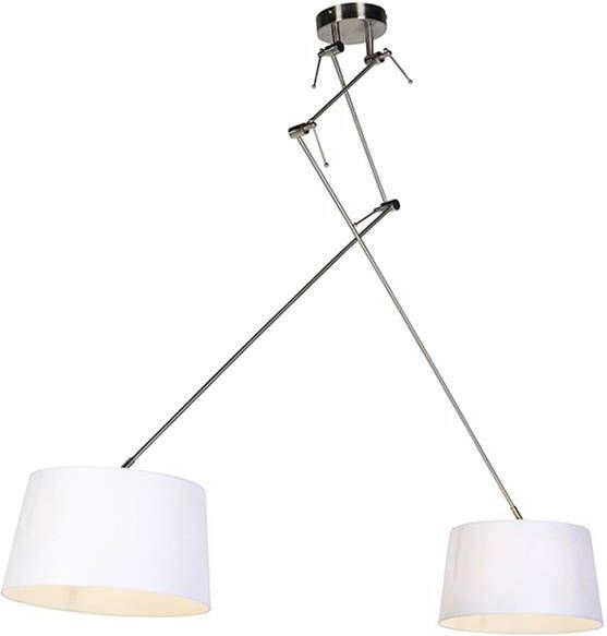 QAZQA Hanglamp Staal Met Linnen Kappen Wit 35 Cm 2-lichts Blitz