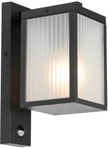 QAZQA Buiten Wandlantaarn Zwart Met Ribbel Glas En Bewegingssensor Charlois