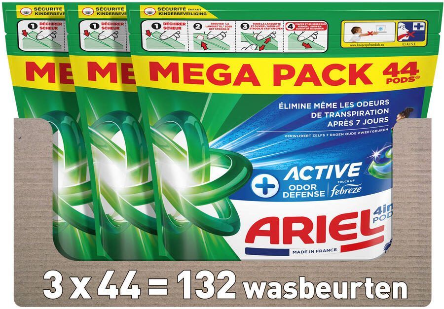 Ariel 4in1 PODS +Actieve Geurbestrijding Wasmiddelcapsules 3 x 44 Wasbeurten 132 wasbeurten