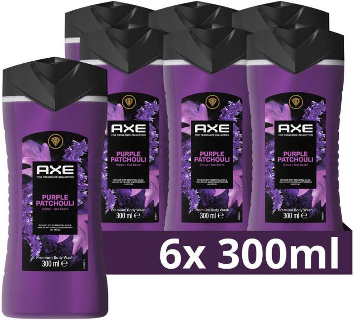 Axe Fine Fragrance Collection Premium Douchegel Purple Patchouli bodywash met de luxe parfumgeur van patchoeli citrus en eikenhout 6 x 300 ml