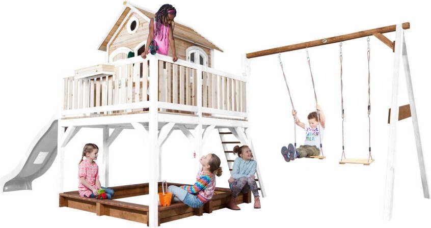 AXI Liam Speelhuis op palen zandbak dubbele schommel & witte glijbaan Speelhuisje voor de tuin buiten in bruin &