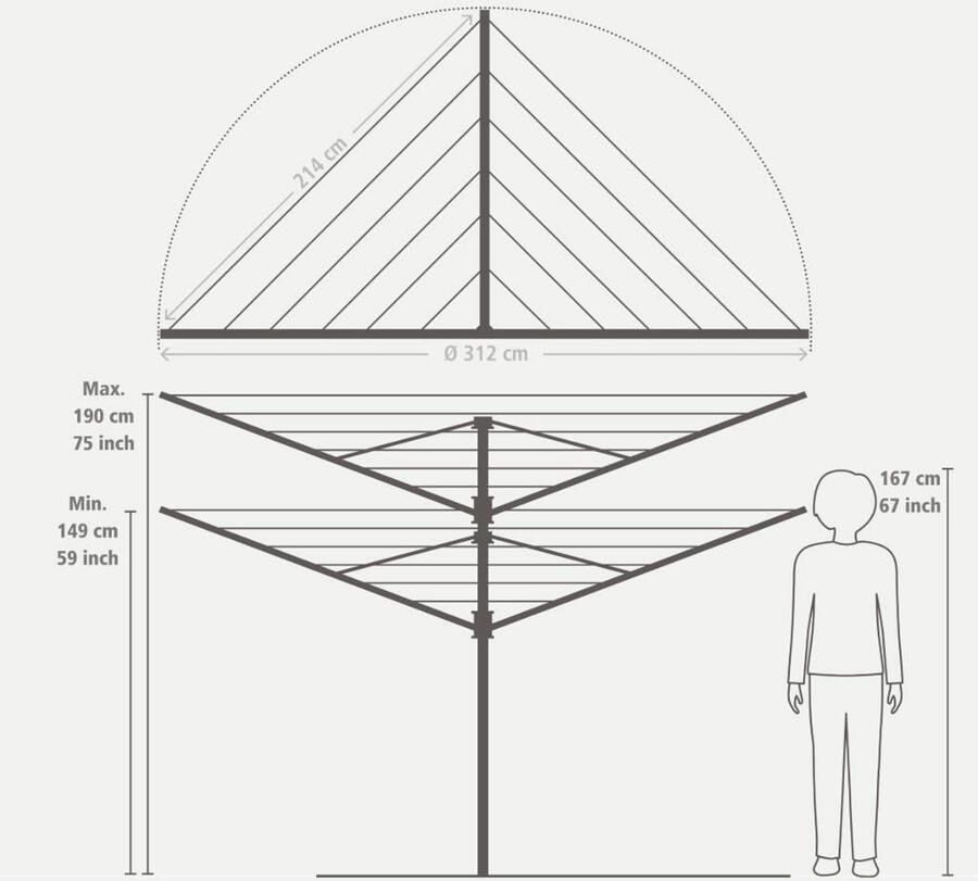 Brabantia Lift-O-Matic Advance droogmolen met metalen grondanker beschermhoes en wasknijpertasje 60 m Metallic Grey - Foto 3