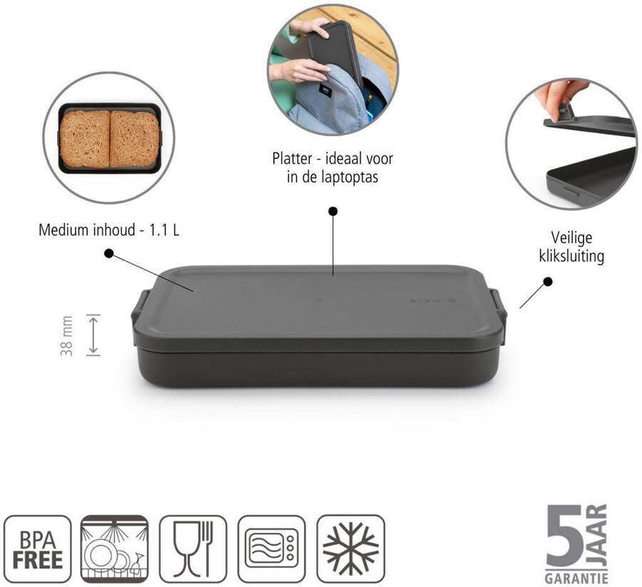 Brabantia Make & Take Lunchbox Plat Kunststof Dark Grey