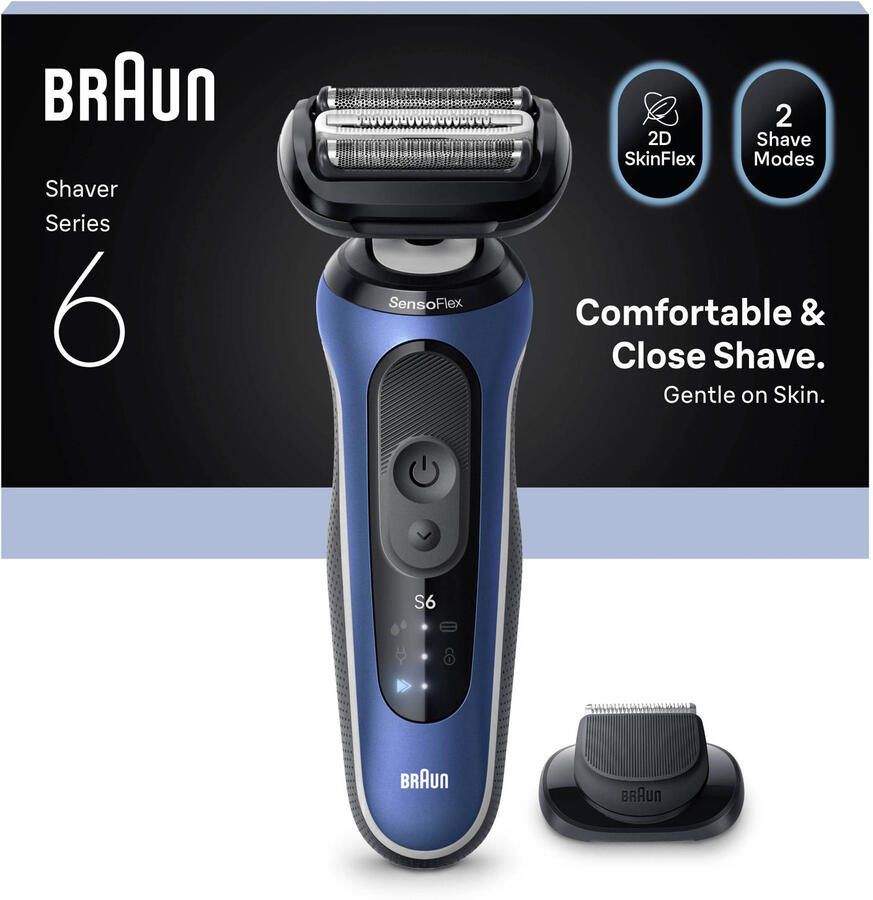 Braun Series 6 elektrisch scheerapparaat met reisetui en precisietrimmeropzetstuk 62-B1200S blauw