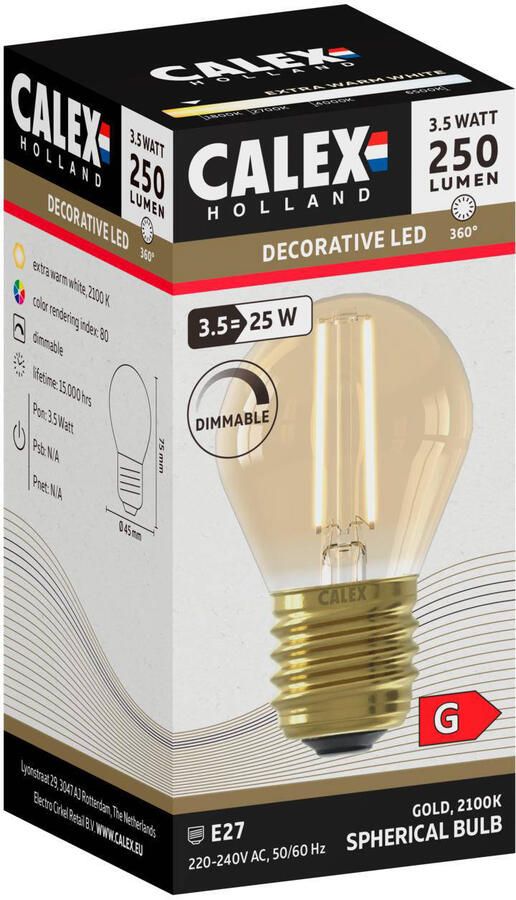 Calex LED volglas Filament Kogellamp 220-240V 3 5W 200lm E27 P45 Goud 2100K CRI80 Dimbaar - Foto 3