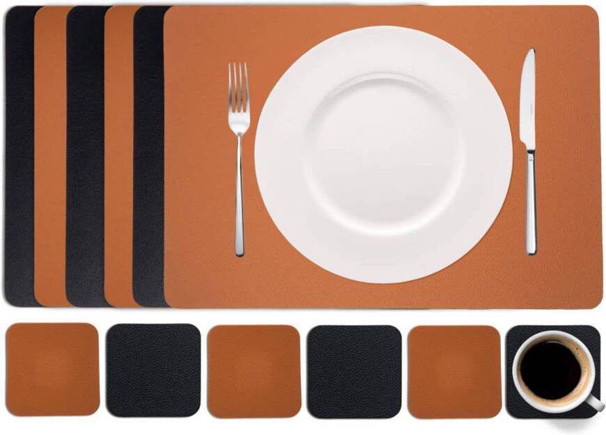 Cookinglife 6 Placemats + 6 Onderzetters Dubbelzijdig Afwasbaar Zwart Cognac