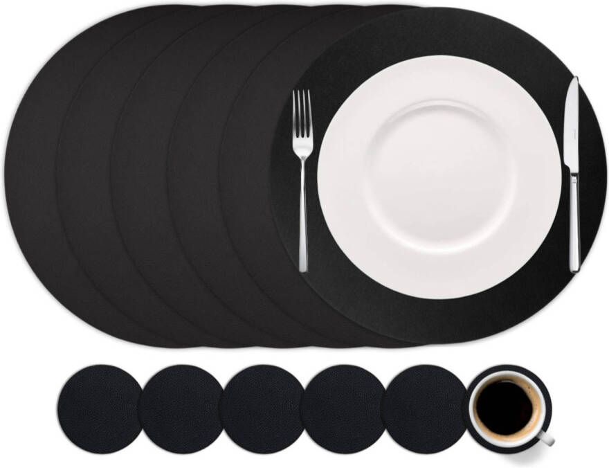 Cookinglife 6 Placemats + 6 Onderzetters Rond Afwasbaar Zwart