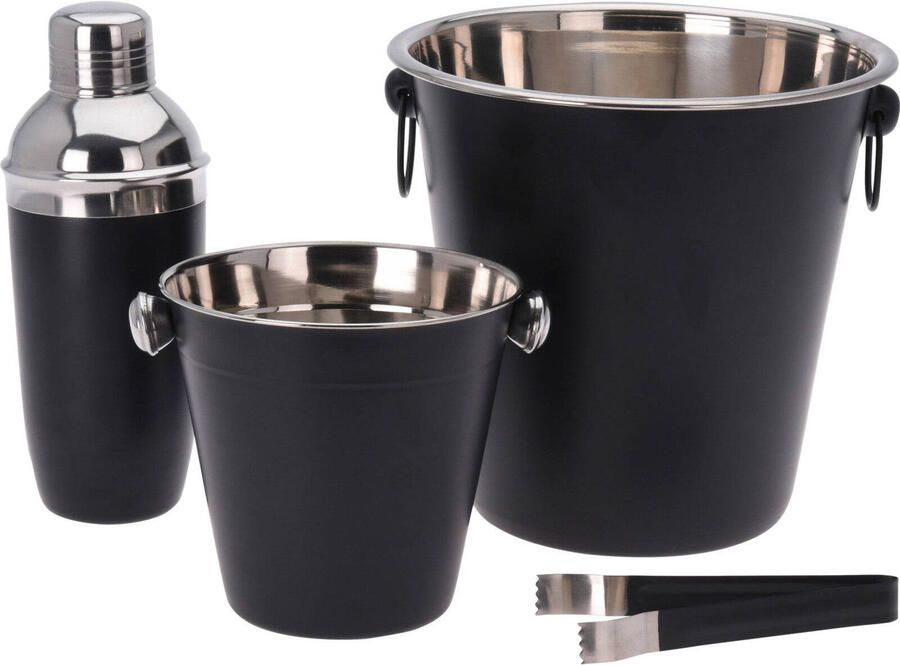 Cookinglife Barset Zwart 4-Delig Cocktailshaker Champagnekoeler Ijsemmer en Tang