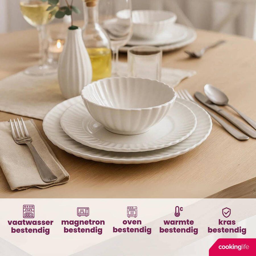 Cookinglife Serviesset Cardida Off White 18-delig 6 personen 6 dinerborden 6 ontbijtborden en 6 kommen
