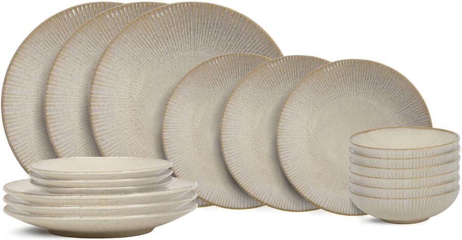 Cookinglife Serviesset Coastal Lines Ocean Beige 18-delig 6 personen 6 dinerborden 6 ontbijtborden en 6 diepe borden