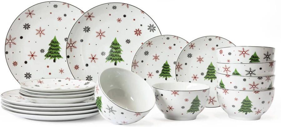 Cookinglife Serviesset Kerstservies Porselein Rood 18-delig 6 personen 6 dinerborden 6 ontbijtborden & 6 kommen