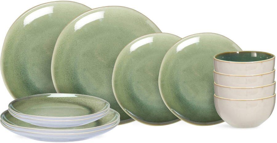 Cookinglife Serviesset Serene Green 12-delig 4 personen 4 dinerborden 4 ontbijtborden en 4 kommen