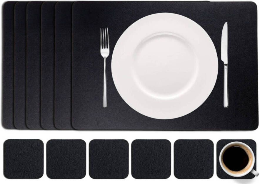 Cookinglife 6 Placemats + 6 Onderzetters Afwasbaar Zwart