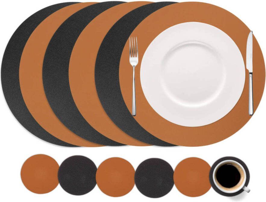 Cookinglife 6 Placemats + 6 Onderzetters Dubbelzijdig Rond Afwasbaar Zwart Cognac