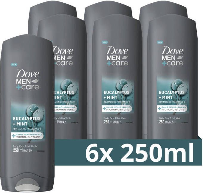 Dove Men+Care 3-in-1 Verzorgende Douchegel Eucalyptus + Mint 24H MicroMoisture technologie voor extra hydratatie van de huid 6 x 250 ml