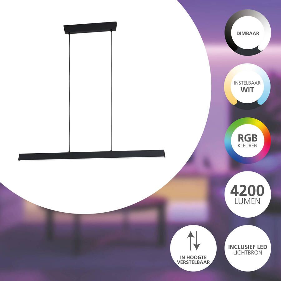 EGLO Hanglamp SIMOLARIS-Z hanglamp zwart ZigBee 3.0 disco-modus pendellamp Timer app spraakbesturing Alexa 122x5 5x110cm excl. afstandsbediening (1 stuk) - Foto 4