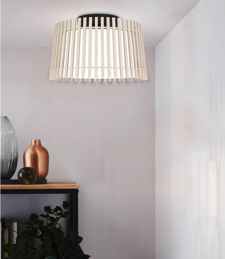 EGLO Plafondlamp FATTORIA Plafondlamp hout textiel in wit lamp plafond E27 fitting Ø 38 cm (1 stuk) - Foto 6