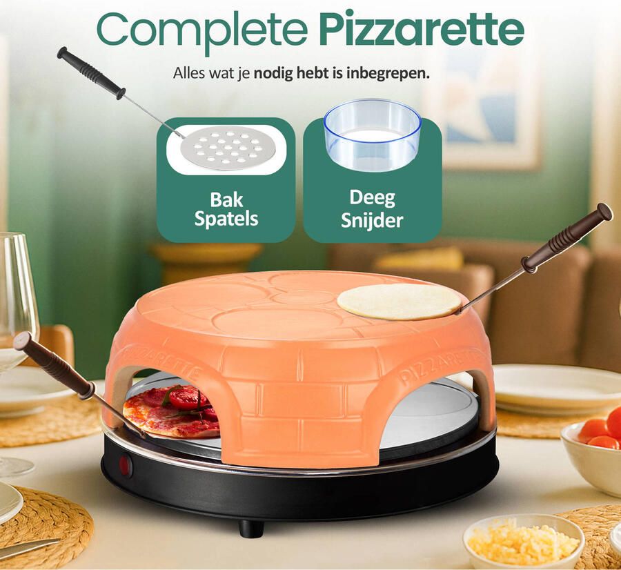 Emerio PO-115847.1 Pizzarette 4 Persoons Pre-bake functie Handgemaakte terracotta koepel 4 Geïsoleerde bak spatels RVS bakplaat - Foto 6