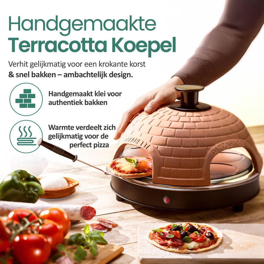 Emerio PO-115985 Pizzarette 4 persoons Handgemaakte terracotta koepel 4 Geïsoleerde bak spatels RVS bakplaat Cool touch - Foto 7