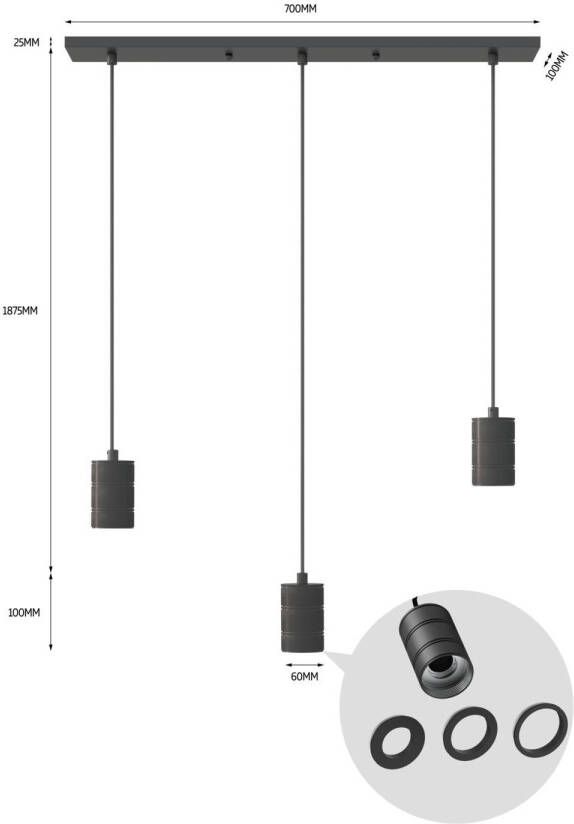 Calex hanglamp Rechthoek 3x E27 10x70cm Zwart