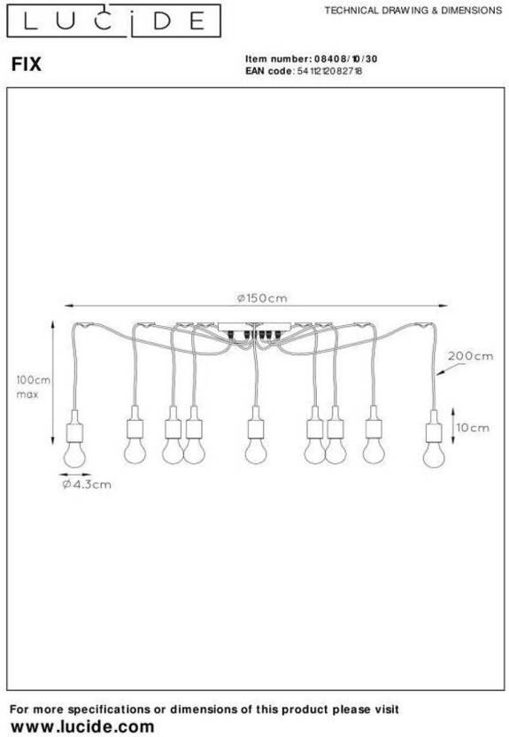 Lucide FIX Hanglamp 10xE27 Zwart