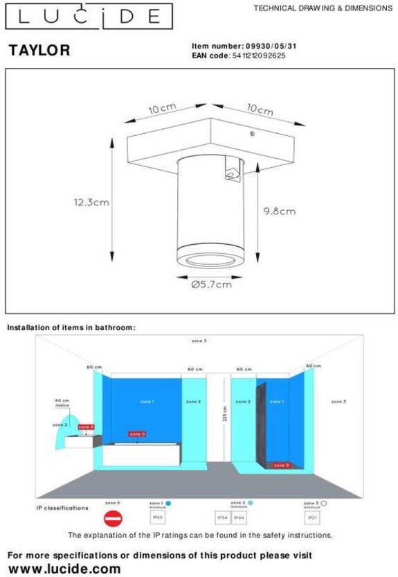 Lucide TAYLOR Plafondspot Badkamer LED Dim to warm GU10 1x5W 2200K 3000K IP44 Wit