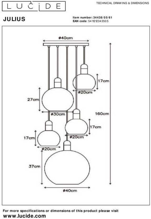 Lucide JULIUS Hanglamp 5xE27 Opaal