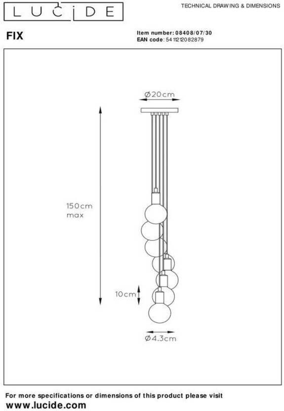 Lucide FIX Hanglamp 7xE27 Zwart