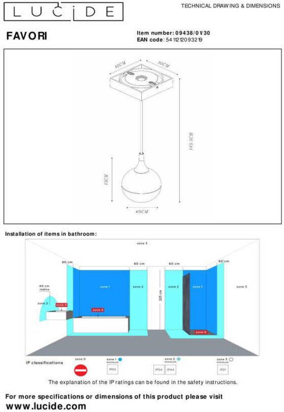 Lucide FAVORI Hanglamp Badkamer 1xGU10 IP44 Zwart