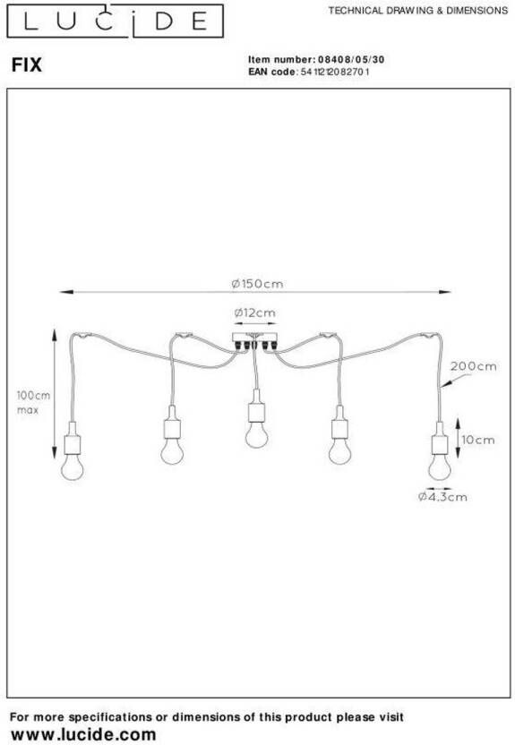 Lucide FIX Hanglamp 5xE27 Zwart