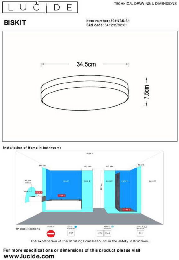 Lucide BISKIT Plafonnière Badkamer Ø34 5 cm LED 1x24W 2700K IP44 Beweging & dag nacht sensor Wit