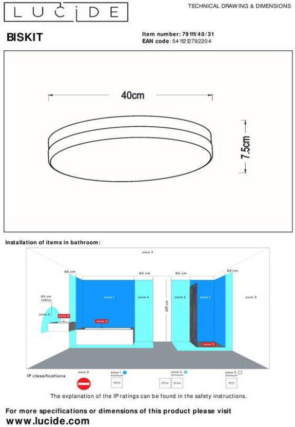 Lucide BISKIT Plafonnière Badkamer Ø 40 cm LED 1x36W 2700K IP44 Beweging & dag nacht sensor Wit