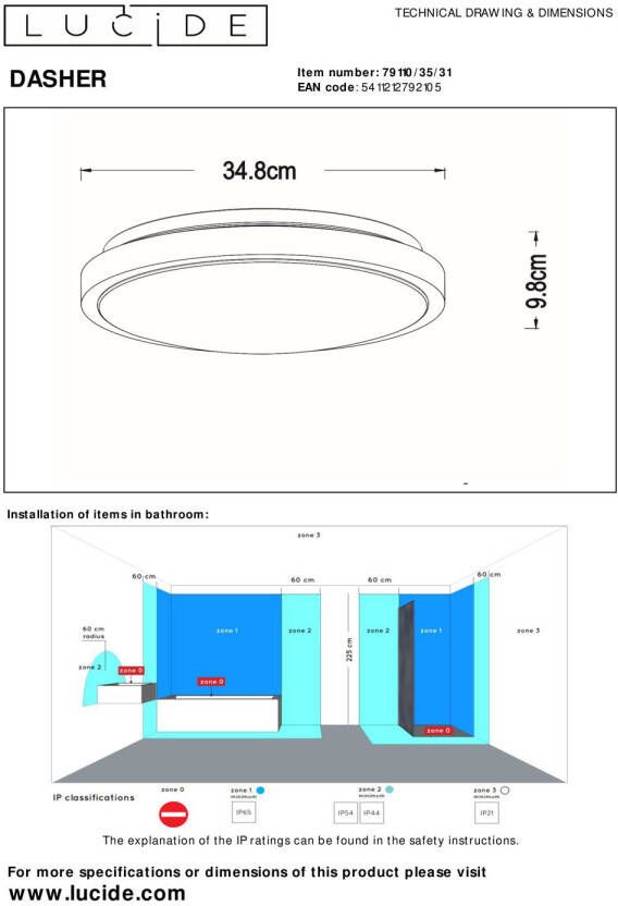 Lucide DASHER Plafonnière Badkamer Ø 34 8 cm LED 1x18W 2700K IP44 Beweging & dag nacht sensor Wit