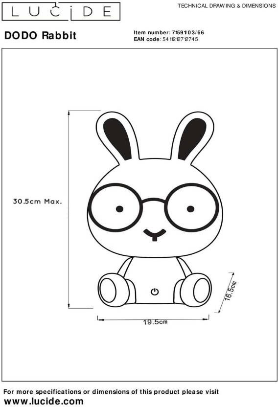 Lucide DODO RABBIT Tafellamp Kinderkamer LED Dimb. 1x3W 3 StepDim Roz
