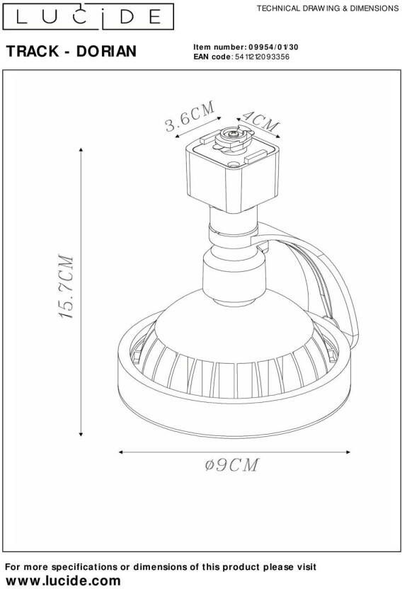 Lucide TRACK DORIAN Railspot 1-fase Railsysteem Railverlichting 1xES111 Zwart (Uitbreiding)