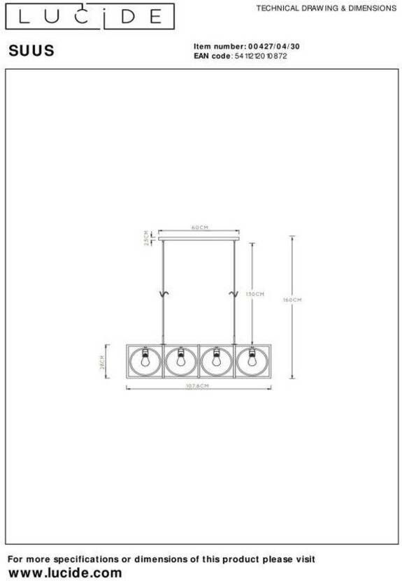Lucide SUUS Hanglamp 4xE27 Zwart