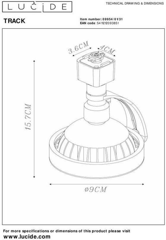 Lucide TRACK DORIAN Railspot 1-fase Railsysteem Railverlichting 1xES111 Wit (Uitbreiding)