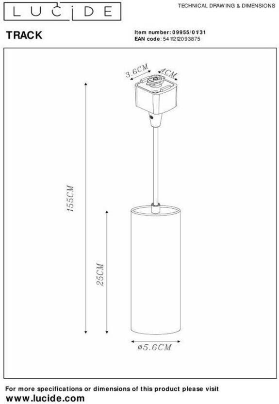 Lucide TRACK FLORIS Hanglamp 1-fase Railsysteem Railverlichting 1xGU10 Wit (Uitbreiding)