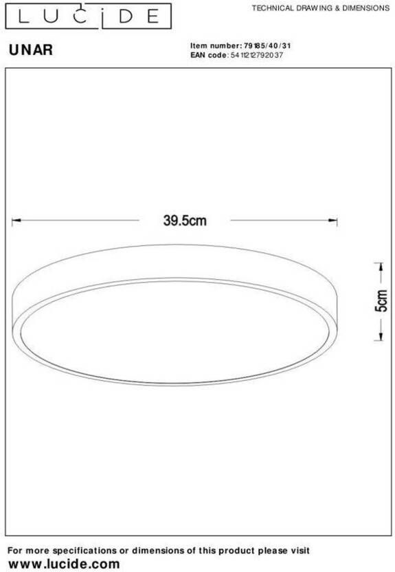 Lucide UNAR Plafonnière Ø 39 5 cm LED Dimb. 1x24W 2700K 3 StepDim Wit