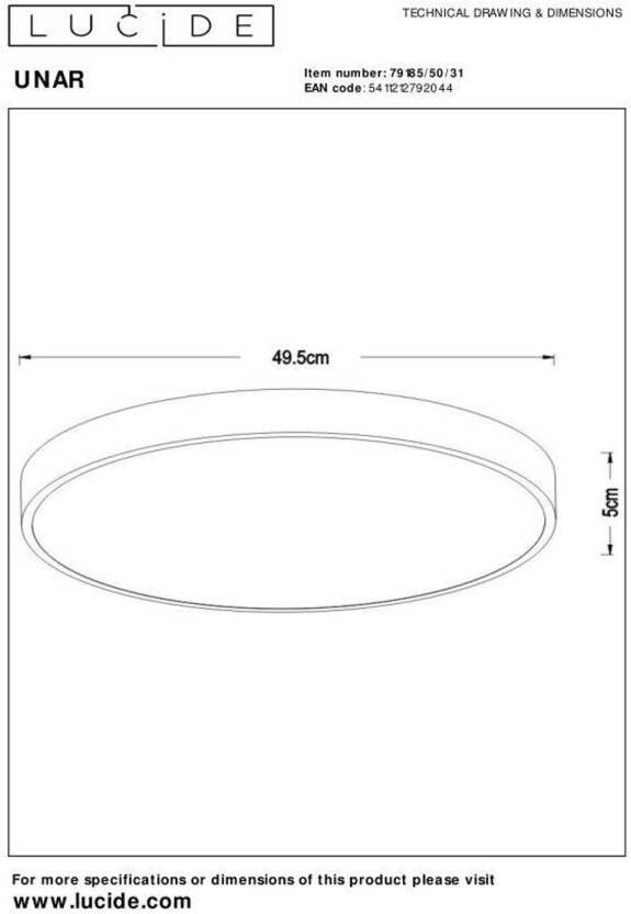 Lucide UNAR Plafonnière Ø49 5 cm LED Dimb. 1x36W 2700K 3 StepDim Wit