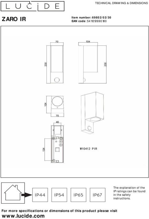 Lucide wandverlichting Zaro IR 230 V