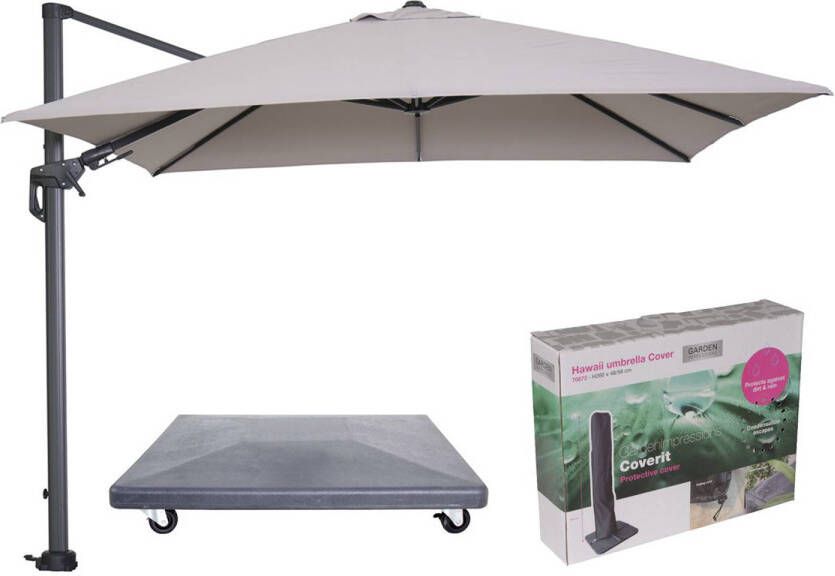 Garden Impressions Hawaii parasol 3x3 m zand doek inclusief 90 kg parasolvoet en bijpassende parasolhoes