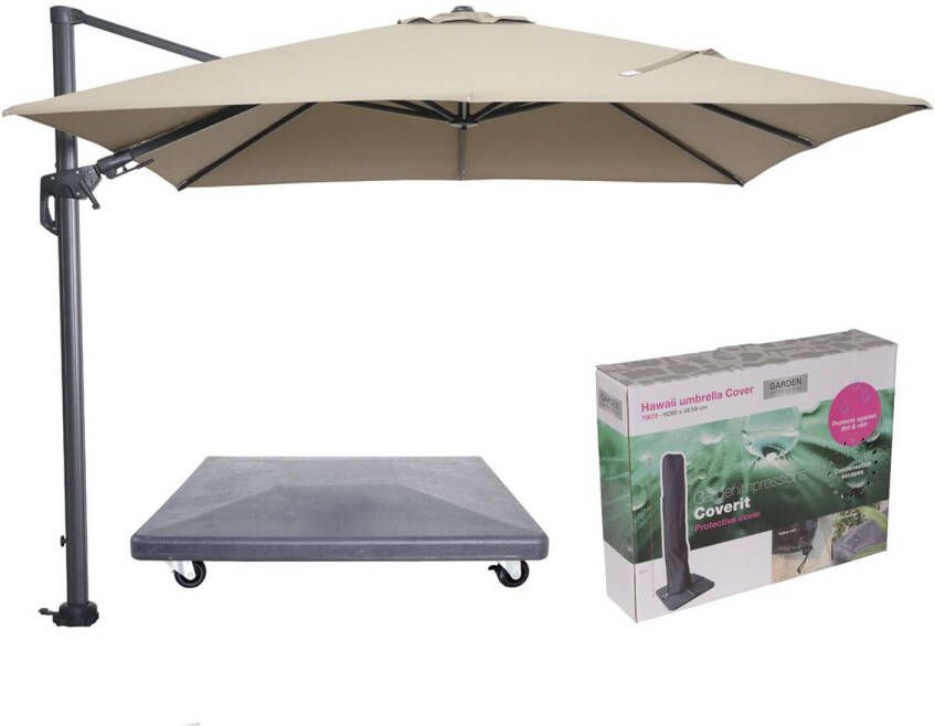 Garden Impressions Hawaii parasol 3x3 m taupe doek inclusief 90 kg parasolvoet en bijpassende parasolhoes